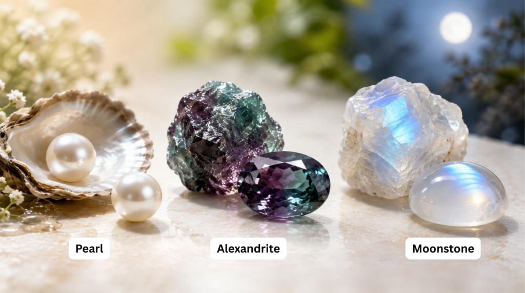 June Birthstones: Pearl, Alexandrite and Moonstone