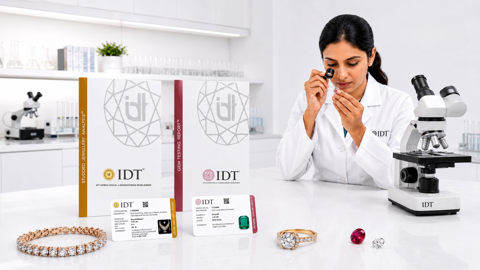 Jewellery verification consultation and gemological examination at a premium laboratory desk